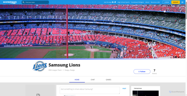 Security scan screenshot of https://scorestream.com/team/samsung-lions-307737