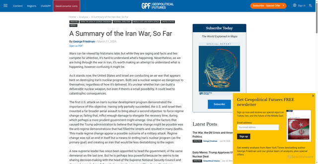 Security scan screenshot of https://geopoliticalfutures.com/a-summary-of-the-iran-war-so-far/
