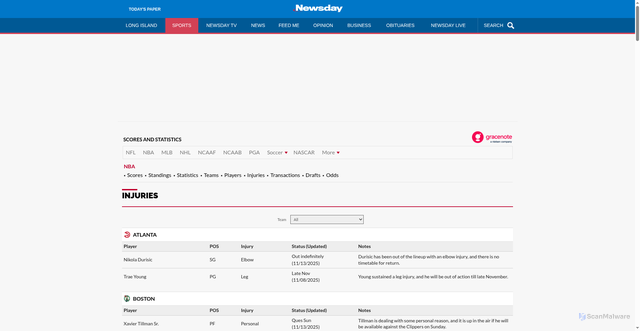 Security scan screenshot of https://newsday.sports.gracenote.com/basketball/nba/injuries