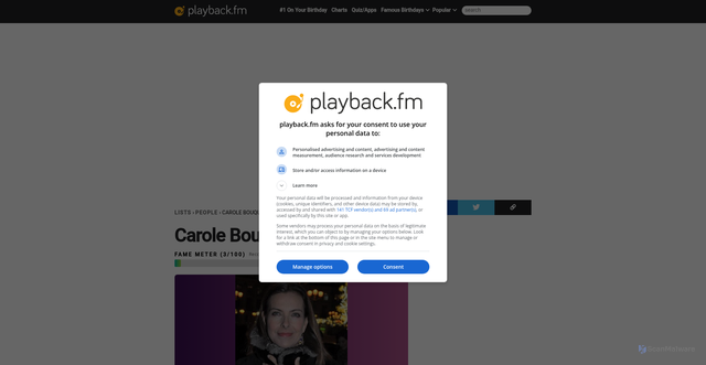 Security scan screenshot of https://playback.fm/person/carole-bouquet