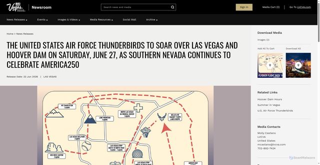 Security scan screenshot of https://press.lvcva.com/news-releases/the-united-states-air-force-thunderbirds-to-soar-over-las-vegas-and-hoover-dam-on-saturday-june-27/s/fcc71b9e-7e26-4acc-9b69-1db16452641f