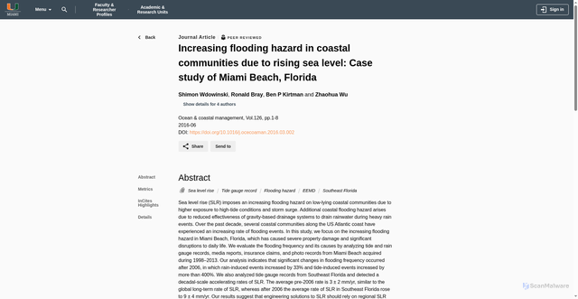 Security scan screenshot of https://scholarship.miami.edu/esploro/outputs/journalArticle/Increasing-flooding-hazard-in-coastal-communities/991031566261902976