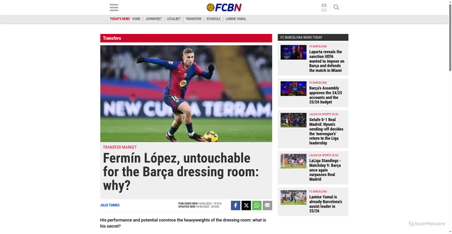 Security scan screenshot of https://www.fcbarcelonanoticias.com/en/transfers/fermin-lopez-untouchable-for-the-barca-dressing-room-why_313142_102.html