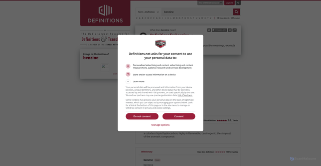Security scan screenshot of https://www.definitions.net/definition/benzine