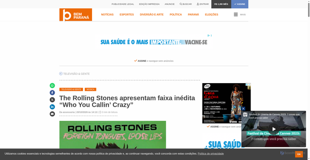 Security scan screenshot of https://www.bemparana.com.br/noticias/the-rolling-stones-apresentam-faixa-inedita-who-you-callin-crazy/