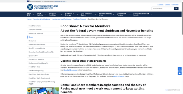 Security scan screenshot of https://www.dhs.wisconsin.gov/foodshare/news.htm