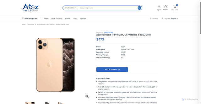 Security scan screenshot of https://atozsurgcialhouse.store/product/apple-iphone-11-pro-max-us-version-64gb-gold/