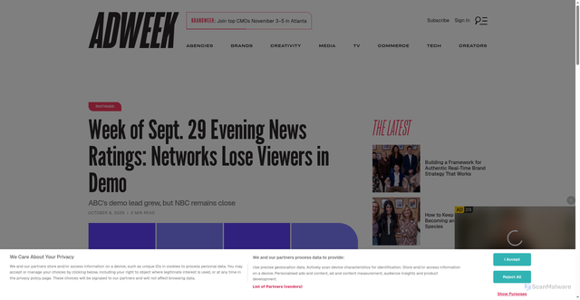 Security scan screenshot of https://www.adweek.com/tvnewser/week-of-sept-29-2025-evening-news-ratings/
