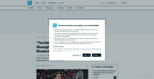 Security scan screenshot of https://www.france24.com/en/live-news/20251006-zverev-dumped-out-of-shanghai-masters-by-france-s-rinderknech-1