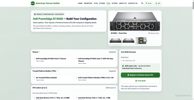 Security scan screenshot of https://americanserveroutlet.com/R740XD.html
