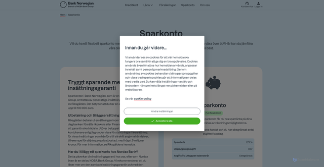 Security scan screenshot of https://www.banknorwegian.se/sparkonto/?apcid=006a904f8dedc87f4eba340b&utm_campaign=SE_ELSK_SA_ELSKLING_SPARKONTO&utm_content=ELSKLING_SPARKONTO_LISTPAGE&utm_medium=cpc&utm_source=elskling.se&utm_term=listpage