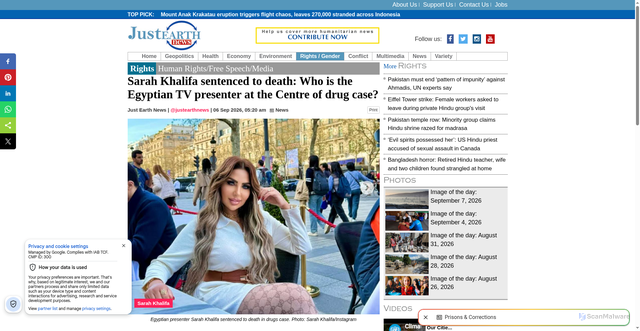 Security scan screenshot of https://justearthnews.com/rights-details/HR/5497/sarah-khalifa-sentenced-to-death-who-is-the-egyptian-tv-presenter-at-the-centre-of-drug-case.html