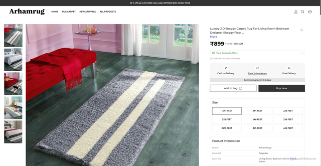 Security scan screenshot of https://arhamrug.shop/Luxury-3-D-Shaggy-Carpet-Rug-For-Living-Room-Bedroom/catalogue/8w7yK0k5/WT0hNWfD