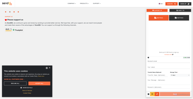 Security scan screenshot of https://www.sendgb.com/
