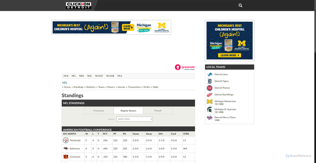 Security scan screenshot of https://clickondetroit.sports.gracenote.com/football/nfl/standings