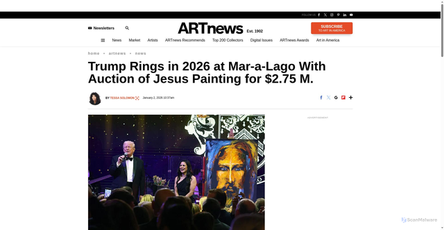 Security scan screenshot of https://www.artnews.com/art-news/news/trump-rings-in-2026-at-mar-a-lago-with-auction-of-jesus-painting-for-2-75-m-1234768606/