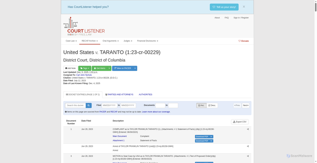 Security scan screenshot of https://www.courtlistener.com/docket/67607958/united-states-v-taranto/