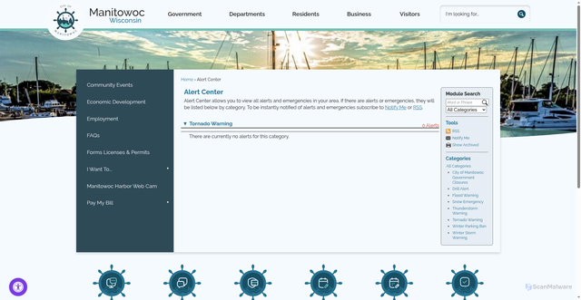 Security scan screenshot of https://www.manitowoc.org/AlertCenter.aspx?CID=Tornado-Warning-4