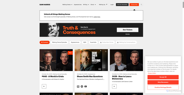 Security scan screenshot of https://www.samharris.org/podcasts