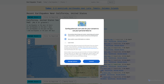 Security scan screenshot of https://earthquaketrack.com/p/united-states/california/recent