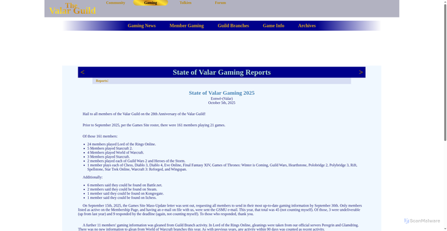 Security scan screenshot of https://valarguild.org/gaming/news/state-of-valar-gaming-2025