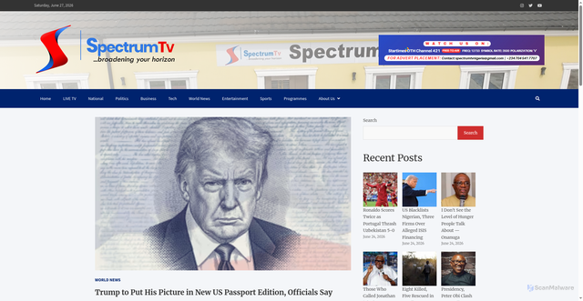 Security scan screenshot of https://spectrumtvlive.ng/trump-to-put-his-picture-in-new-us-passport-edition-officials-say/