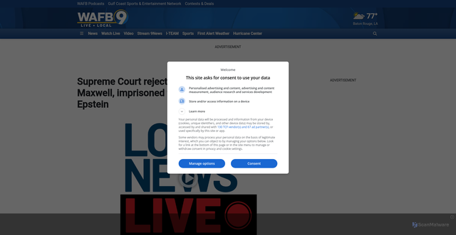 Security scan screenshot of https://www.wafb.com/2025/10/06/supreme-court-rejects-appeal-ghislaine-maxwell-imprisoned-former-girlfriend-jeffrey-epstein/