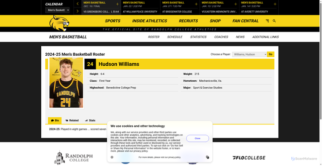 Security scan screenshot of https://randolphwildcats.com/sports/mens-basketball/roster/hudson-williams/6770