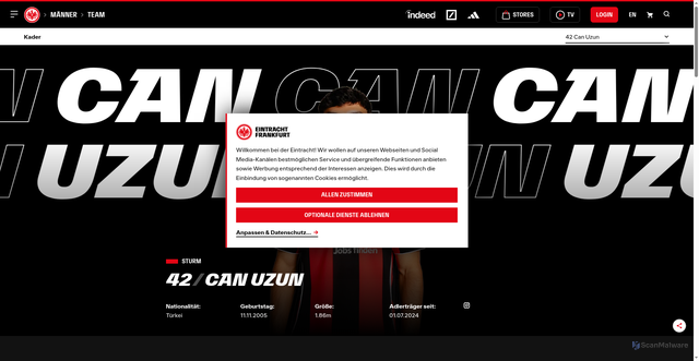 Security scan screenshot of https://profis.eintracht.de/kader/can-uzun/