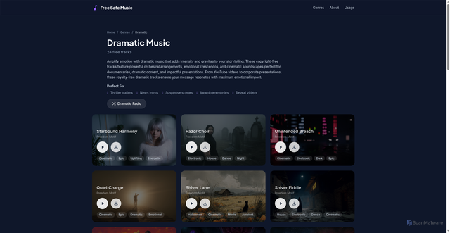 Security scan screenshot of https://freesafemusic.pages.dev/genres/dramatic/