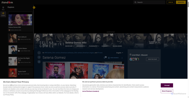 Security scan screenshot of https://selenagomez.fandom.com/wiki/Selena_Gomez