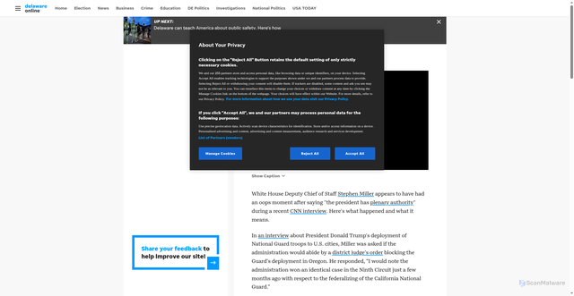 Security scan screenshot of https://www.delawareonline.com/story/news/2025/10/08/what-is-plenary-authority-does-president-tru-have-plenary-power-what-is-the-insurrection-act/86580957007/
