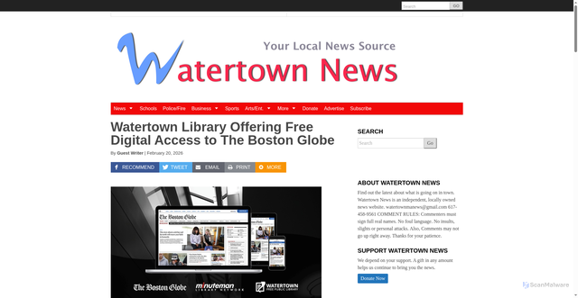 Security scan screenshot of https://www.watertownmanews.com/2026/02/20/watertown-library-offering-free-digital-access-to-the-boston-globe/