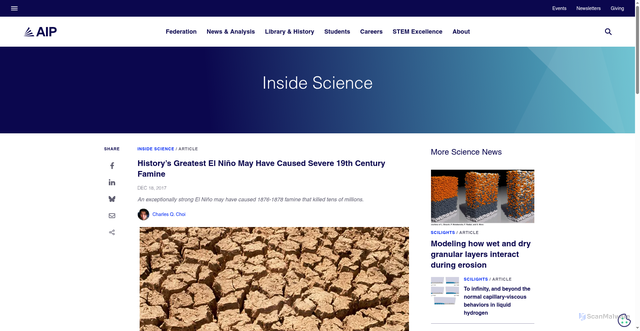 Security scan screenshot of https://www.aip.org/inside-science/historys-greatest-el-nino-may-have-caused-severe-19th-century-famine