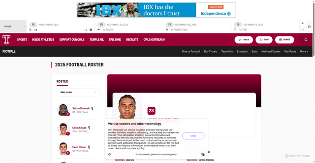 Security scan screenshot of https://owlsports.com/sports/football/roster/jordan-miller/18025