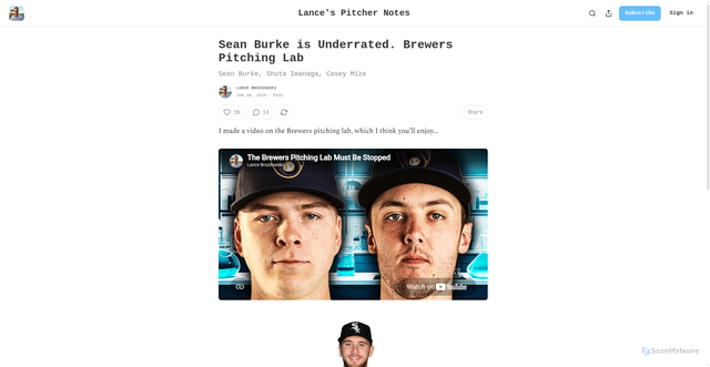 Security scan screenshot of https://lancebroz.substack.com/p/white-sox-sean-burke-fastball-highlights-cubs-shota-imanaga-catcher-targets-tigers-casey-mize-slurve-splitter-2026-mlb-pitcher-rankings-projections-breakdown-highlights