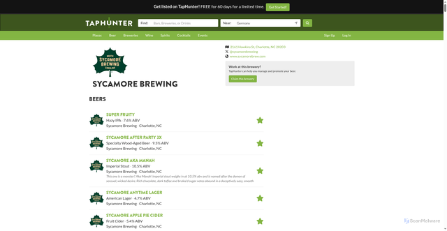 Security scan screenshot of https://www.taphunter.com/brewery/sycamore-brewing/6548118960078848