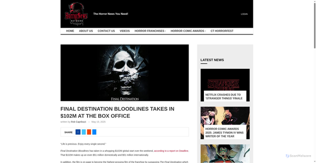 Security scan screenshot of https://www.horrornewsnetwork.net/final-destination-bloodlines-takes-in-102m-at-the-box-office/
