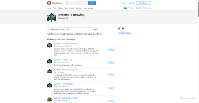 Security scan screenshot of https://www.beermenus.com/breweries/10010-sycamore-brewing
