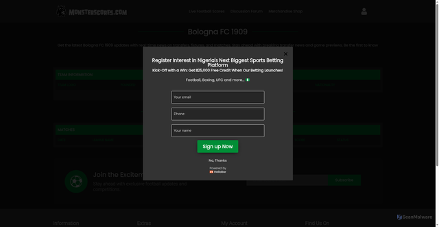Security scan screenshot of https://monsterscores.com/team/bologna-fc-1909/