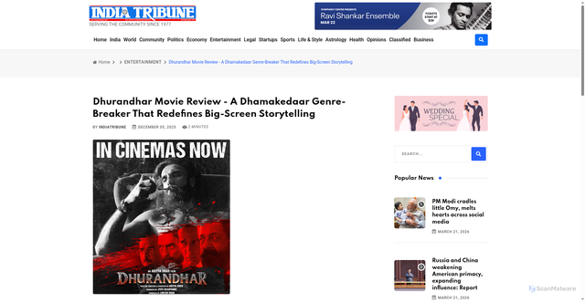 Security scan screenshot of https://indiatribune.com/public/index.php/dhurandhar-movie-review-a-dhamakedaar-genre-breaker-that-redefines-big-screen-storytelling