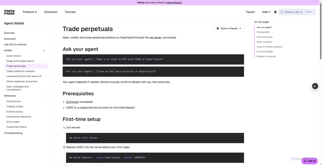Security scan screenshot of http://metamask-docs-75mpj2s96-consensys-ddffed67.vercel.app/agent-wallet/guides/trade-perpetuals