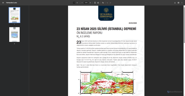Security scan screenshot of https://cdn.iuc.edu.tr/FileHandler2.ashx?f=23-nisan-2025-silivri-depremi-o%CC%88n-i%CC%87nceleme-raporu.pdf