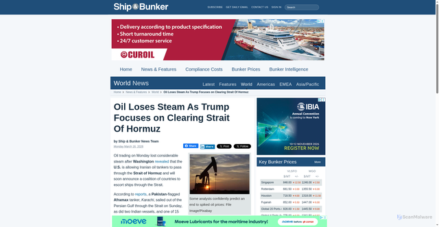 Security scan screenshot of https://shipandbunker.com/news/world/263540-oil-loses-steam-as-trump-focuses-on-clearing-strait-of-hormuz