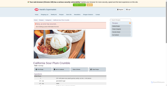 Security scan screenshot of https://www.haroldssupermarket.iga.com/Recipes/Detail/7245/