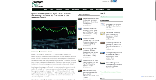 Security scan screenshot of https://www.directorstalkinterviews.com/quidelortho-corporation-qdel-stock-analysis-uncovering-a-potential-52-54-upside-in-the-healthcare-sector/4121215607