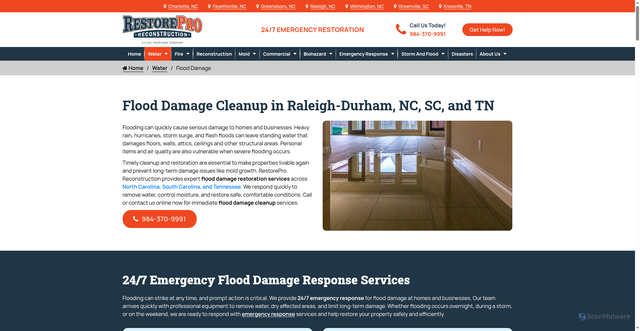 Security scan screenshot of https://www.restoreprorestoration.com/water-damage/flood-damage