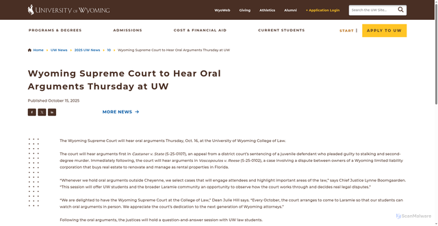 Security scan screenshot of https://www.uwyo.edu/news/2025/10/wyoming-supreme-court-to-hear-oral-arguments-thursday-at-uw.html