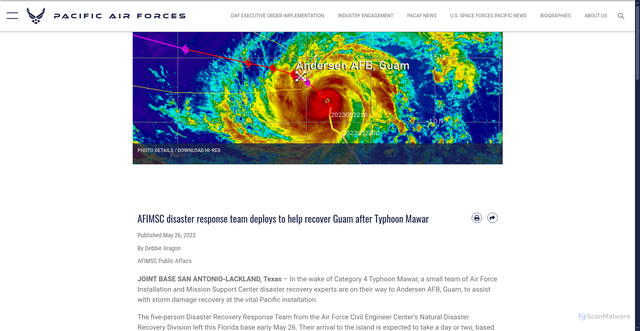 Security scan screenshot of https://www.pacaf.af.mil/News/Article-Display/Article/3410218/afimsc-disaster-response-team-deploys-to-help-recover-guam-after-typhoon-mawar/