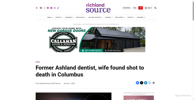 Security scan screenshot of https://www.richlandsource.com/2026/01/01/former-ashland-dentist-wife-found-shot-to-death-in-columbus/